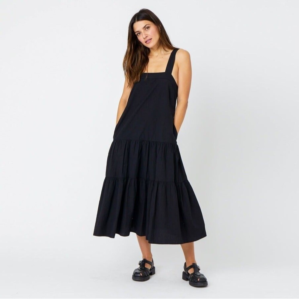 Kerri Rosenthal Jean Midi Dress Sleeveless Embroidered Tiered Black L NEW 270237